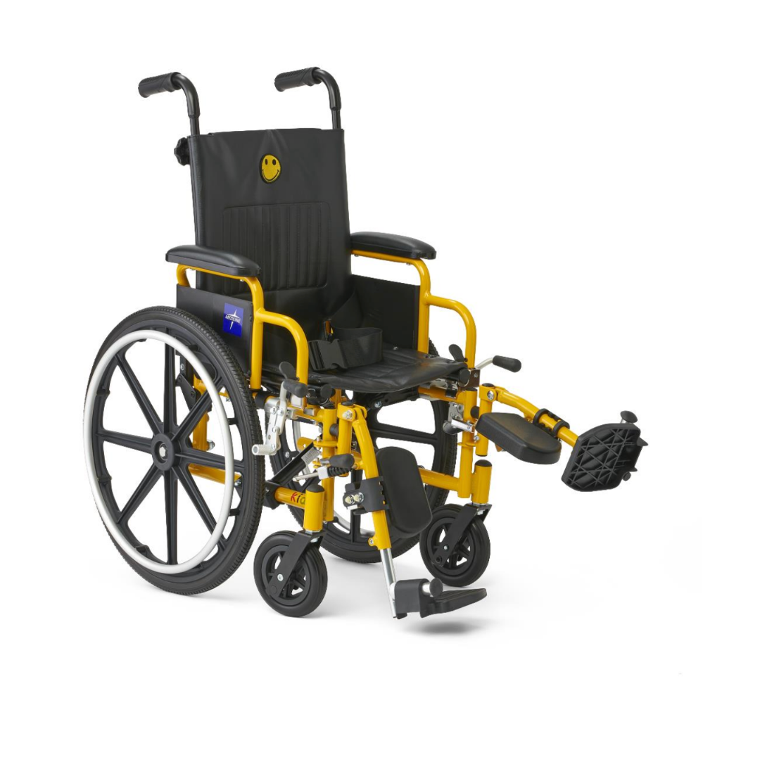 The Medline Pediatric Kidz Guardian Wheelchair features a yellow and black design, large rear wheels, adjustable leg supports and armrests, a smiley face on the backrest, plus safety and comfort adjustments for children’s mobility needs.